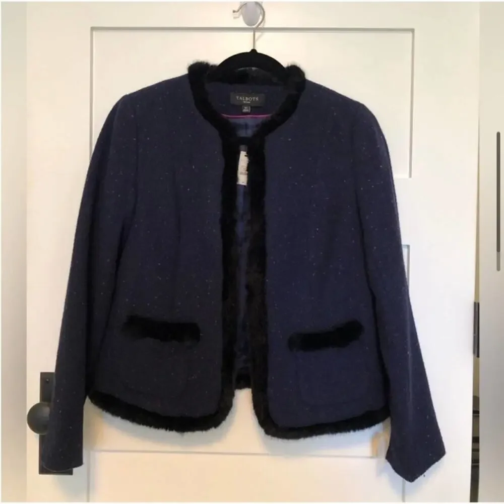 NWT Talbots Navy Tweed Faux Fur Trim Jacket - Picture 4 of 9